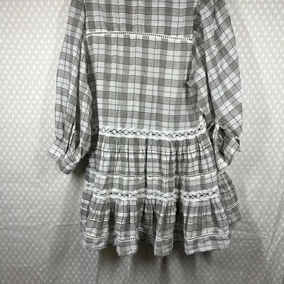 Free People White Grey Plaid Time Out Eyelet Tiered Tunic Top - Picture 8 of 8